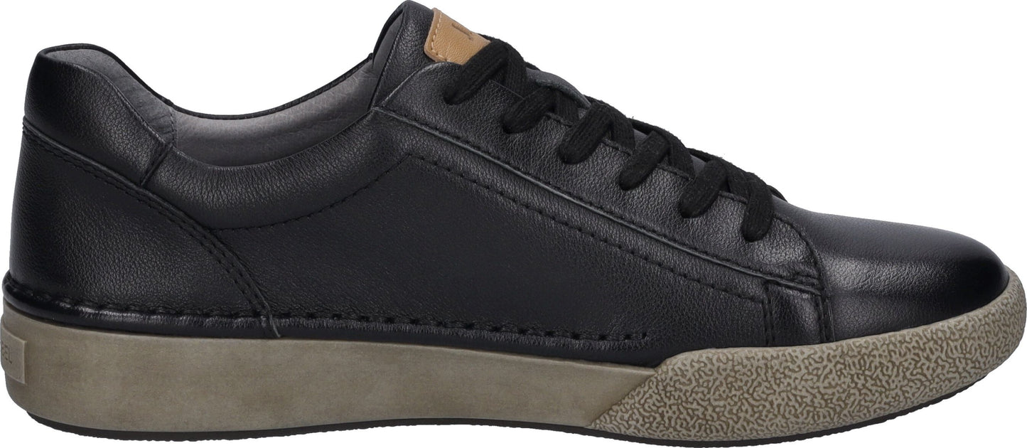A black leather sneaker with a tan sole and black laces.
