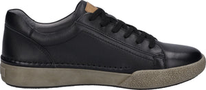 A black leather sneaker with a tan sole and black laces.