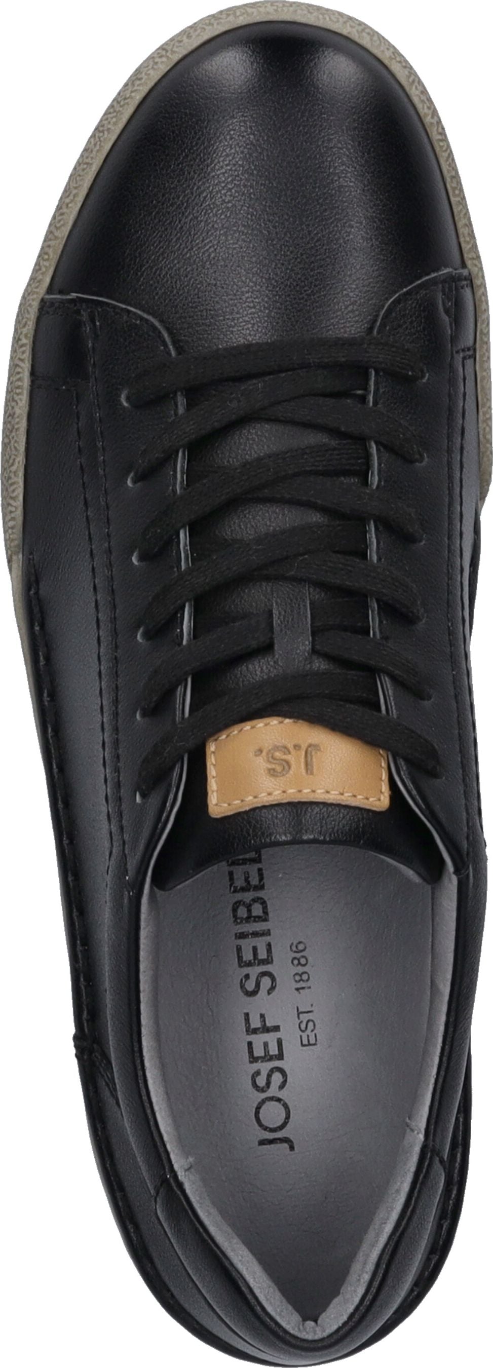 A black leather sneaker with black laces and a beige tongue label that says J.S.