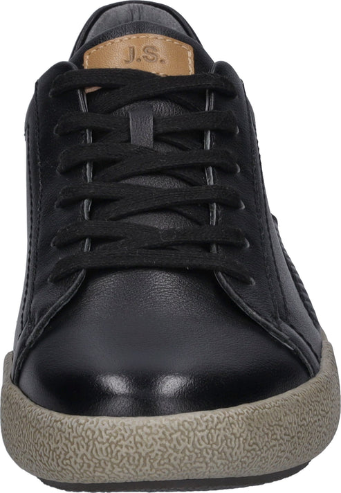 Front view of black leather sneaker with lace-up closure and tan label.