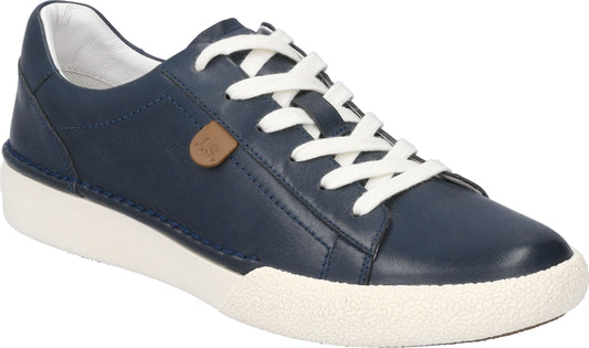 Blue leather low-top sneaker with white laces and rubber sole.