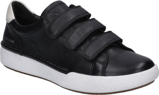 Black leather sneaker with three velcro straps and a white sole.