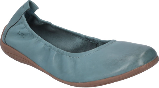 Blue leather ballet flat with elastic topline, and brown sole. "J.S." visible on the side.