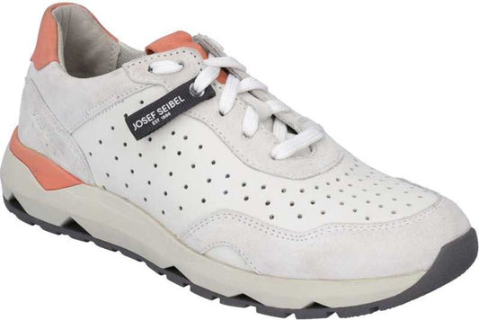 White leather athletic shoe with small perforated holes, white laces, and orange accents near the heel and tongue. The brand name "JOSEF SEIBEL EST. 1886" appears on a black tag near the laces.