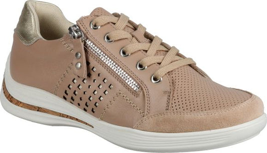 Low-top sneaker with laces, side zipper, cut-out details and wedge sole.