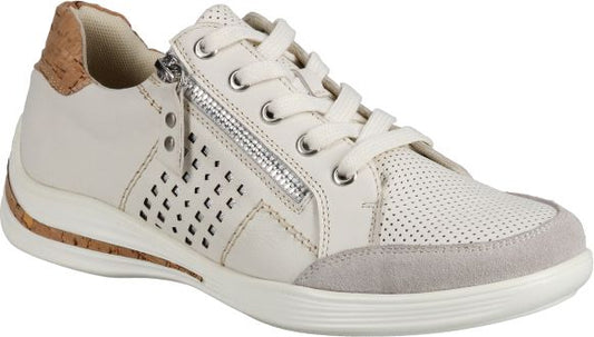 Low profile, off-white sneaker with cork heel, lace-up front, side zipper, and perforated detail.