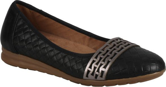 Black flat shoe with silver colored woven design.