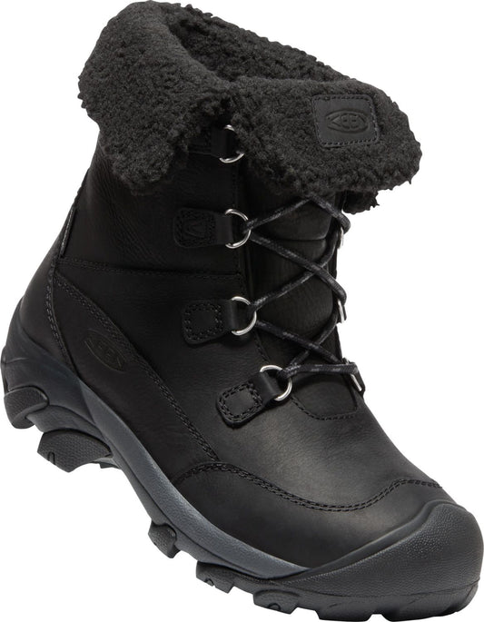 Black winter boot with fur trim and lace-up closure.