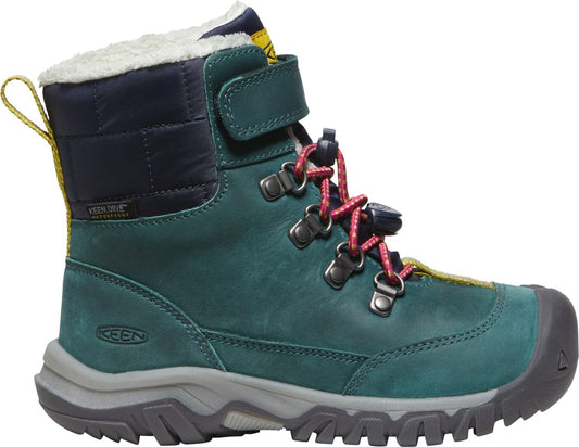 Dark green high-top boot with red and purple laces, a gray sole and a velcro strap at the top.