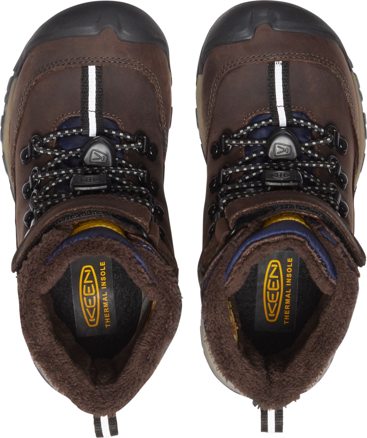 Two brown hiking boots with dark soles, fuzzy lining, and hook-and-loop strap closures seen from above.