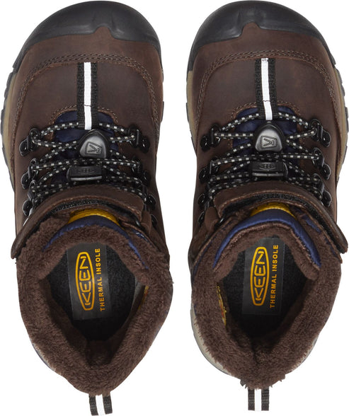 Two brown hiking boots with dark soles, fuzzy lining, and hook-and-loop strap closures seen from above.
