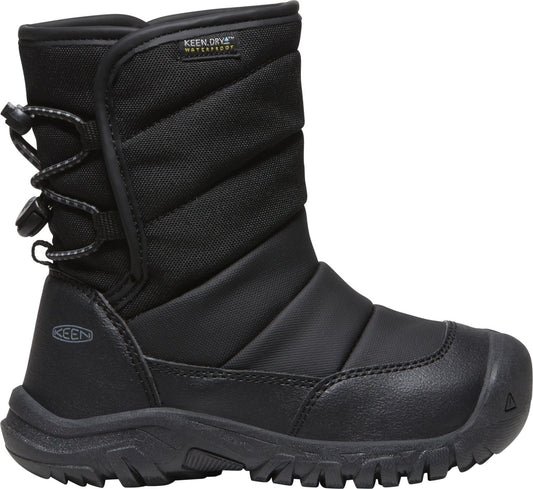 Black quilted snow boot with adjustable toggle laces and a waterproof label.