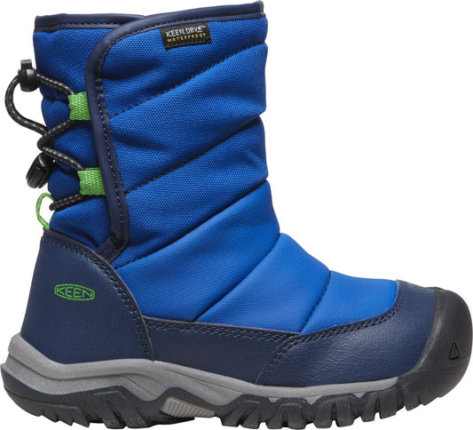 Blue quilted winter boot with green accents and a black toe cap and sole.