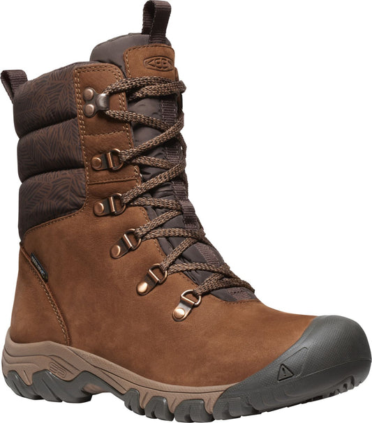 Brown high-top insulated winter boot with lace-up closure and a gray rubber toe cap.