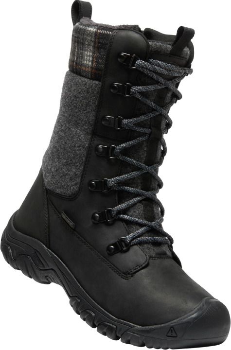 Black lace-up boot with grey felt and plaid trim.