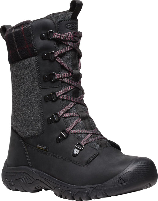A tall, black, lace-up boot with a gray felt upper.