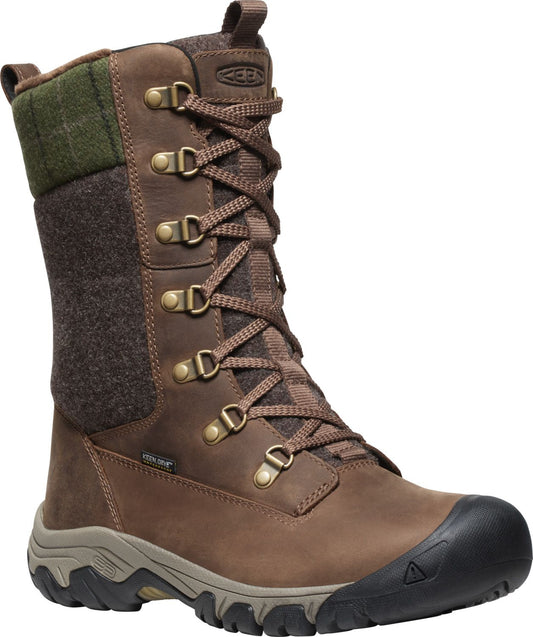 Tall brown leather boot with wool upper, laced with bronze metal eyelets.