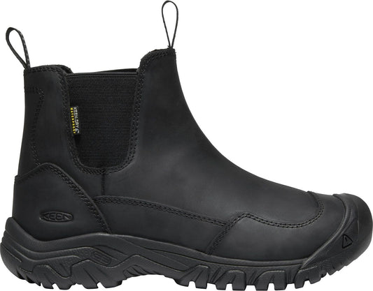 Black pull-on work boot with toe protection and treaded sole.