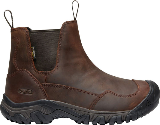 Brown, ankle-high, leather Chelsea boot with black rubber sole.