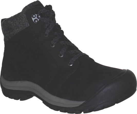 A black, lace-up ankle boot with a gray collar.