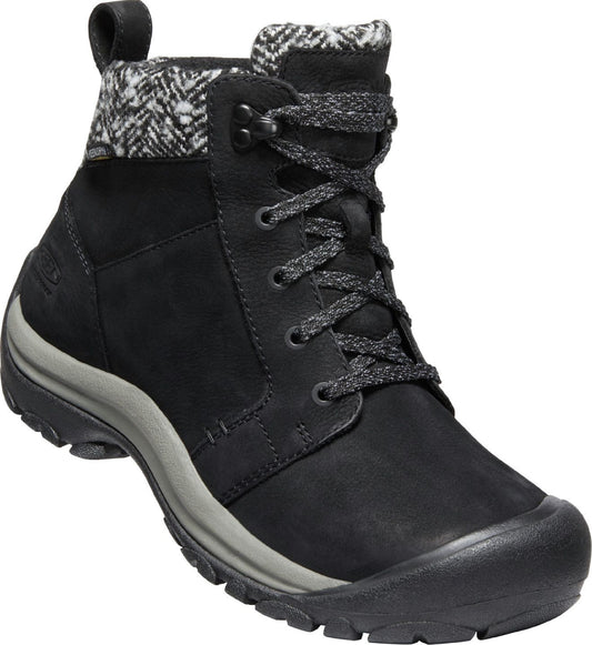 Black leather ankle boot with lace-up closure and herringbone fabric collar.