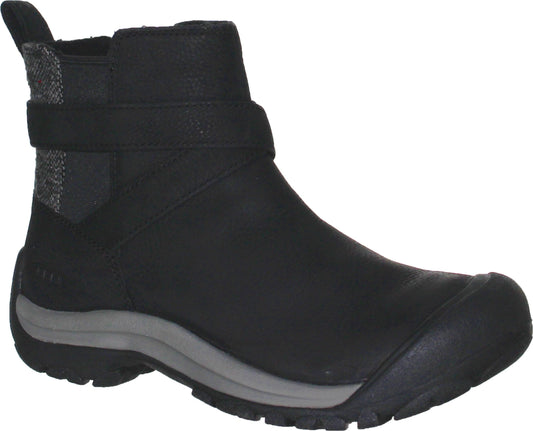 Black boot with a gray sole and gray fabric heel pull loop and strap.