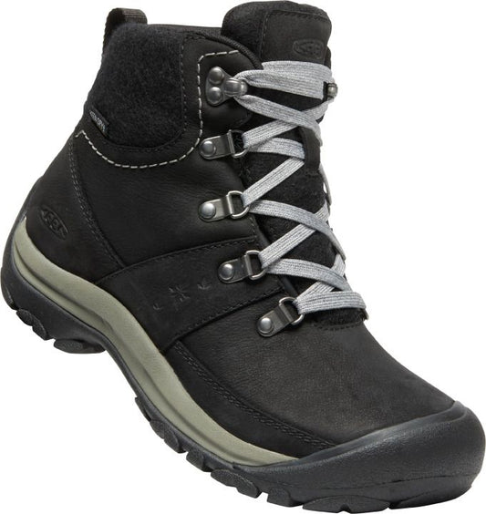 Black leather ankle-high hiking boot with gray laces and a toe cap.