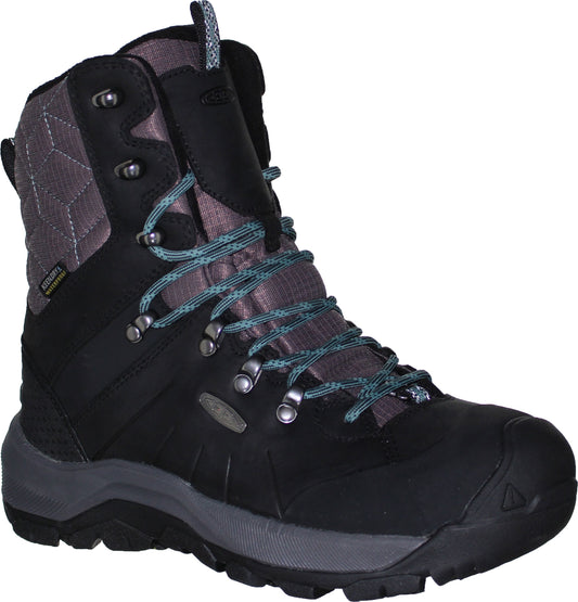 Black hiking boot with gray quilted trim and blue laces.