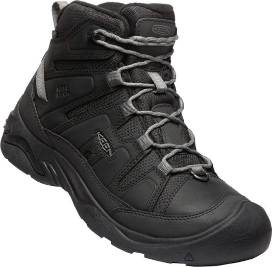 Black, mid-ankle hiking boot with gray laces, rubber soles, and visible "KEEN" logo.
