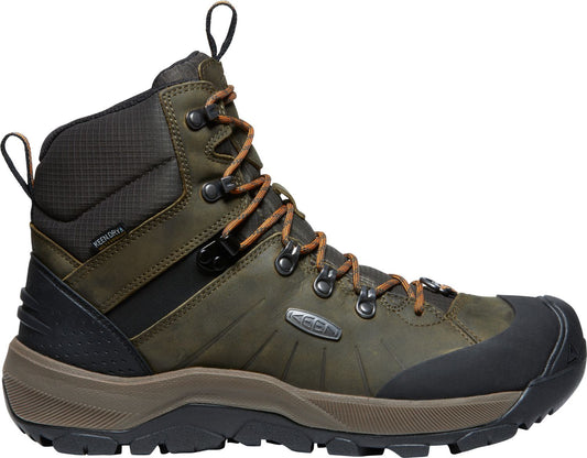 Olive green leather hiking boot with a black rubber toe and brown laces.
