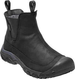Black Chelsea-style boot with pull tabs and a thick, grippy sole.