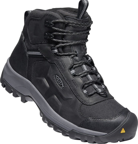Black leather hiking boot with a gray sole and gray laces.