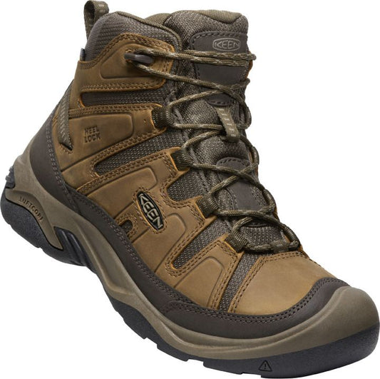 Mid-height brown hiking boot with laces, a heel lock, and a rubber toe.
