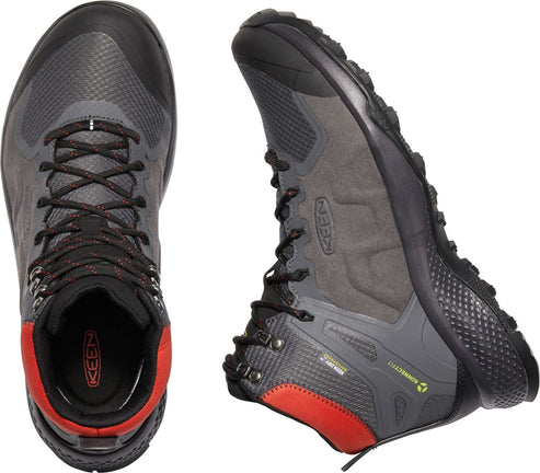 A top-down and side view of a grey and black high-top athletic shoe with red accents, and black laces.