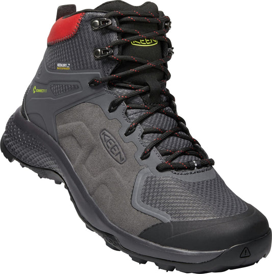 Grey hiking boot with black laces and red accents at the top.