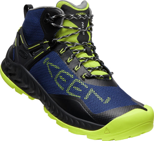 A blue and black hiking boot with neon green accents and the word KEEN on the side.