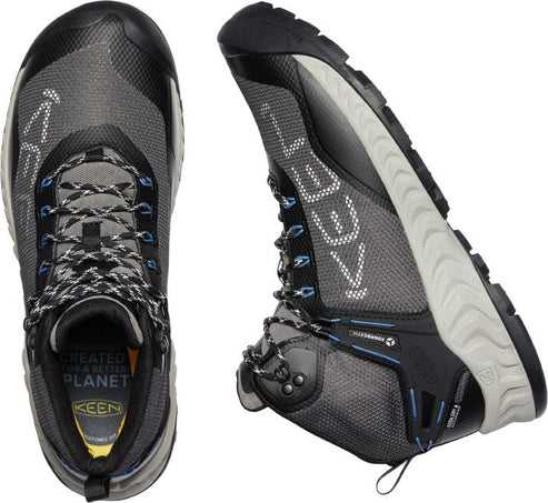 Pair of hiking boots, one oriented from the top view with laces, and the other from the side view; the boot features a gray textile upper, black accents, and a light gray and black sole; the sole has the word "KEEN" emblazoned vertically