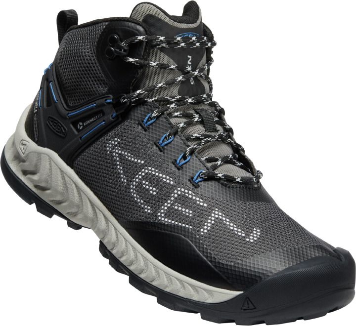 Gray and black high-top hiking boot with "KEEN" in large white font and black and white shoelaces.