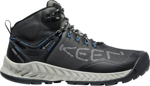 A high-top hiking shoe featuring a black woven upper, gray-and-white laces, gray midsole, and a black toe cap. The word "KEEN" is visible on the shoe's side.