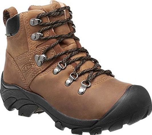 Tan leather hiking boot with black sole and laces.