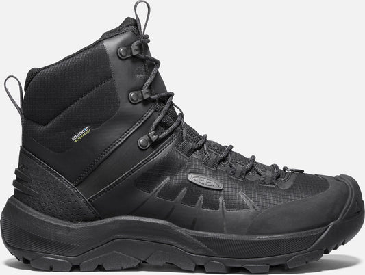 Black hiking boot with high ankle support and lace-up closure.