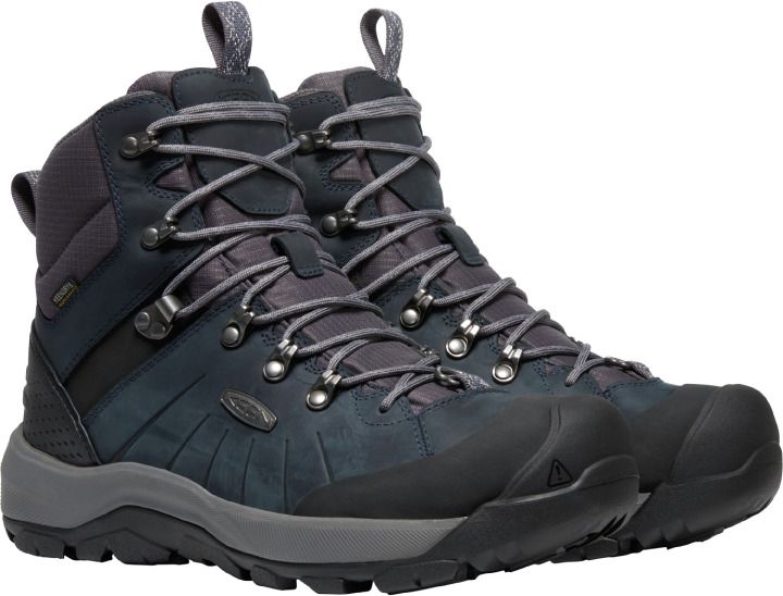 Pair of ankle-high lace-up waterproof hiking boots with gray laces and black rubber toe and heel guards.