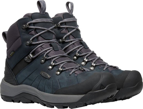 Pair of ankle-high lace-up waterproof hiking boots with gray laces and black rubber toe and heel guards.