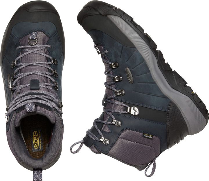 Pair of gray and black hiking boots with gray laces.
