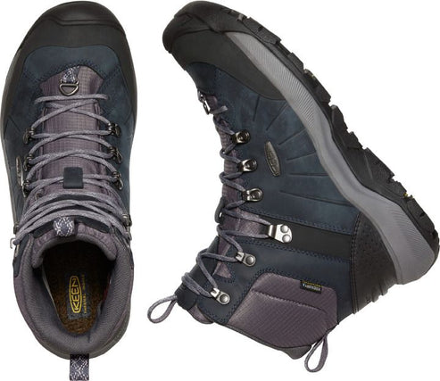 Pair of gray and black hiking boots with gray laces.