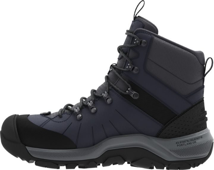 High-top hiking boot with gray and black panels and laces.