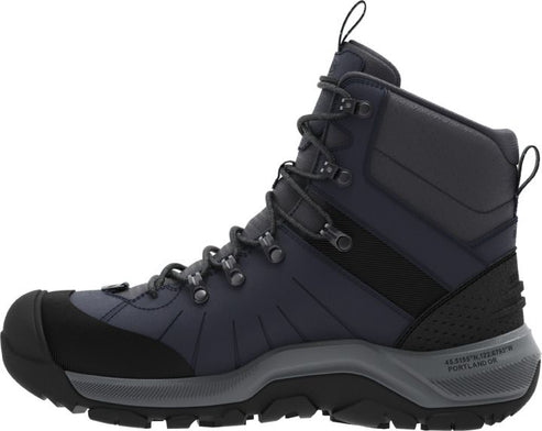 High-top hiking boot with gray and black panels and laces.