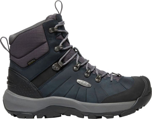 High-top hiking boot in navy with gray sole and laces.