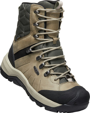 A waterproof leather boot in tan with black accents and a cream colored midsole, featuring a high-top design and lace-up closure.