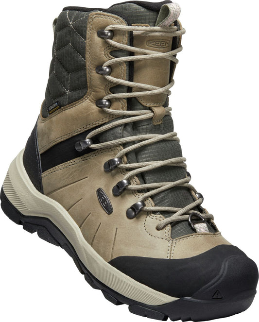 A waterproof leather boot in tan with black accents and a cream colored midsole, featuring a high-top design and lace-up closure.